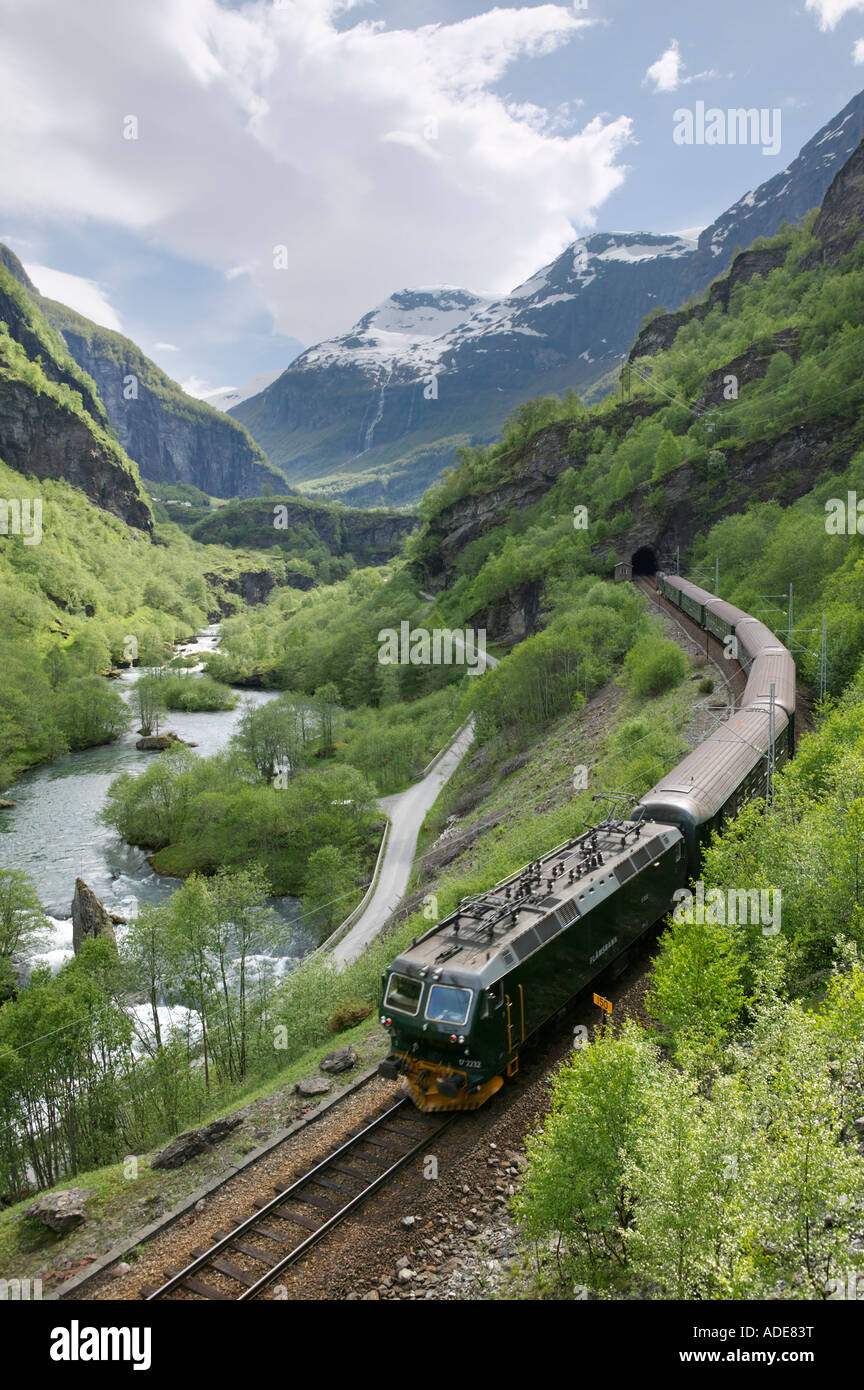 The Flamsbana Railway in Flamsdalen near Flam, Aurland, Sogn og Fjordland, Norway Stock Photo