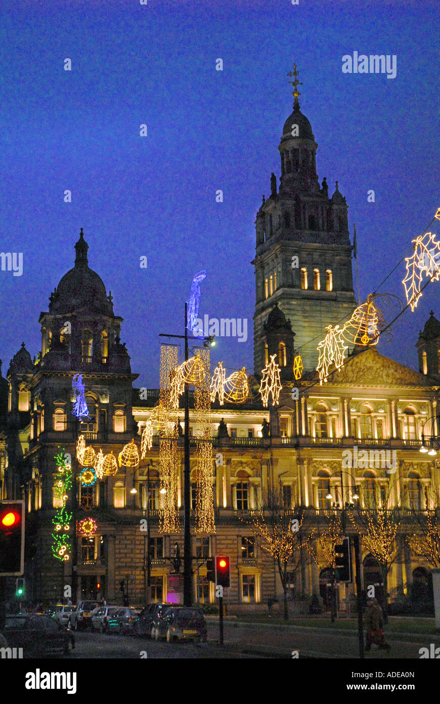 Night View of George Square on Christmas Eve, Showing The City Chambers Lit,and Festive Lights. Glasgow. Scotland. Stock Photo
