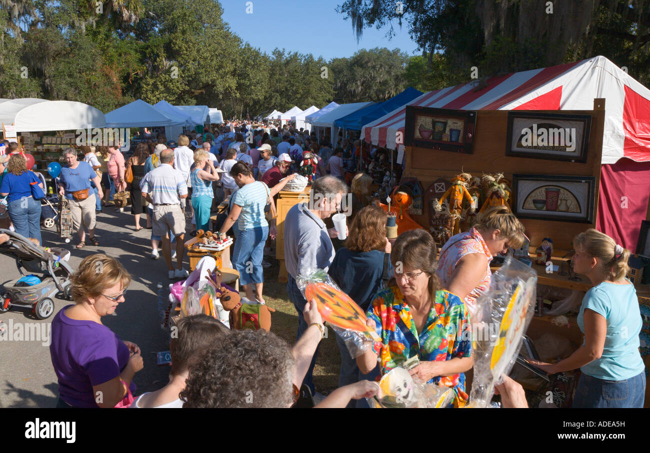Crowd of people at arts and crafts fair in Micanopy, Florida Stock