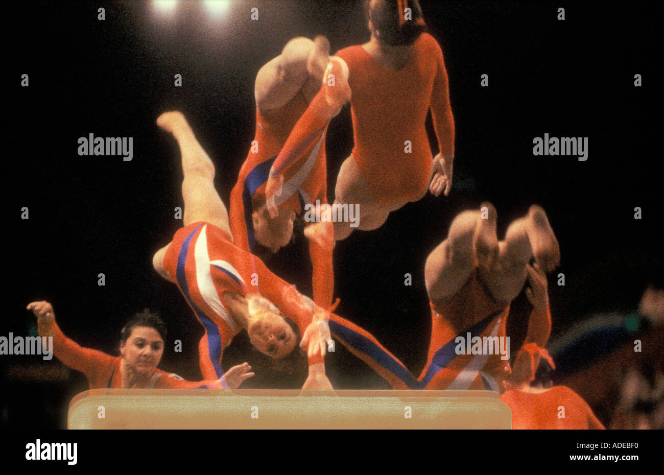 Strobe sequence of a Gymnast competing in a Vault Stock Photo