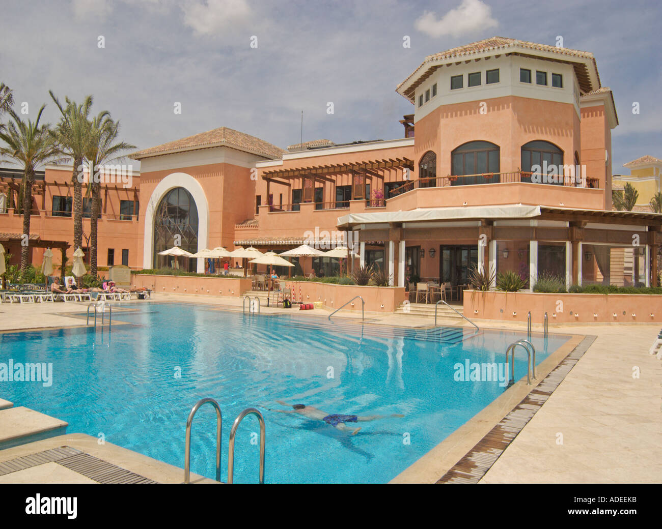 Pool and El Olivo restaurant at a Mar Menor Golf Resort Murcia, Costa Calida, Southern Eastern Spain Stock Photo