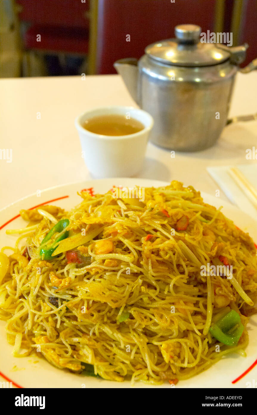 Singapore style noodles and green tea in Chinatown London England UK