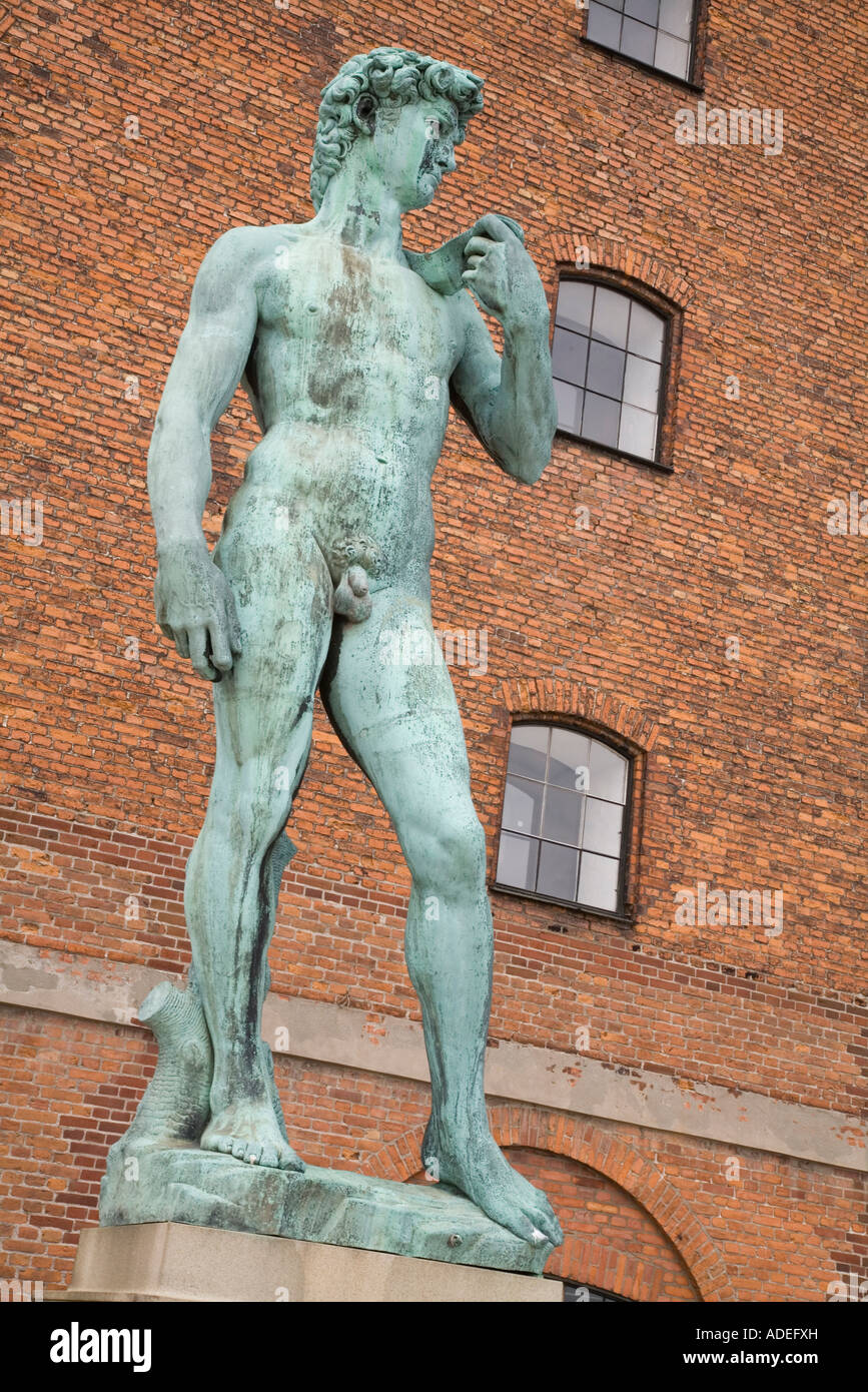 A replica of Michelangelos David stands outside Statens Museum for Kunst, Copenhagen, Denmark Stock Photo