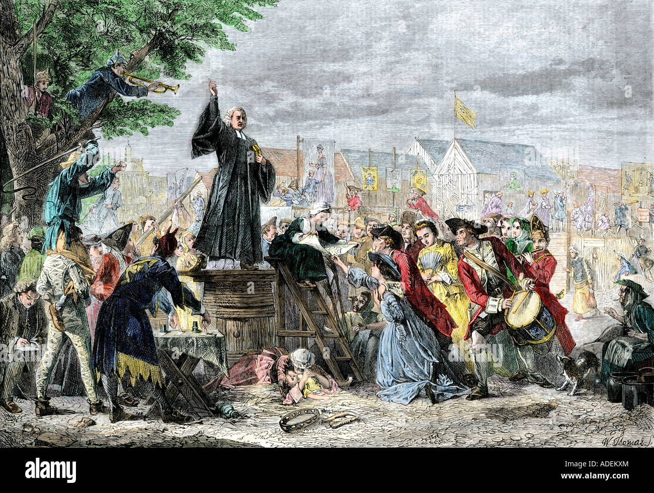George Whitefield preaching in Moorfields London 1742. Hand-colored woodcut Stock Photo