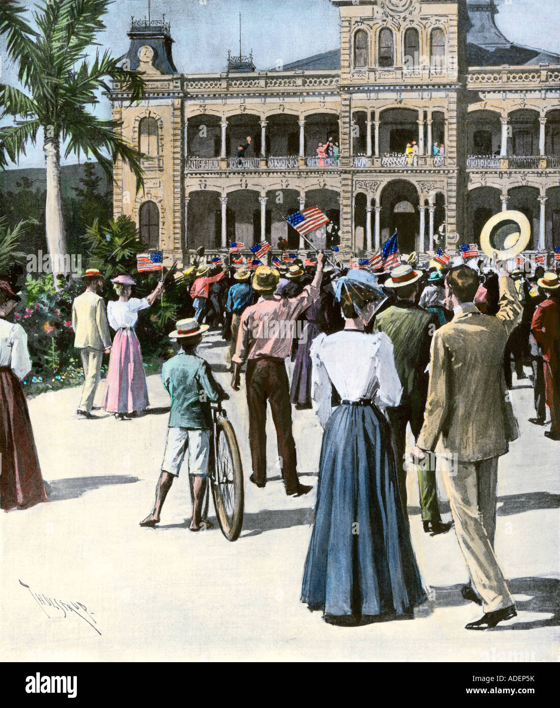 Hawaiians receive news of annexation by the United States Honolulu 1898. Hand-colored halftone of an illustration Stock Photo