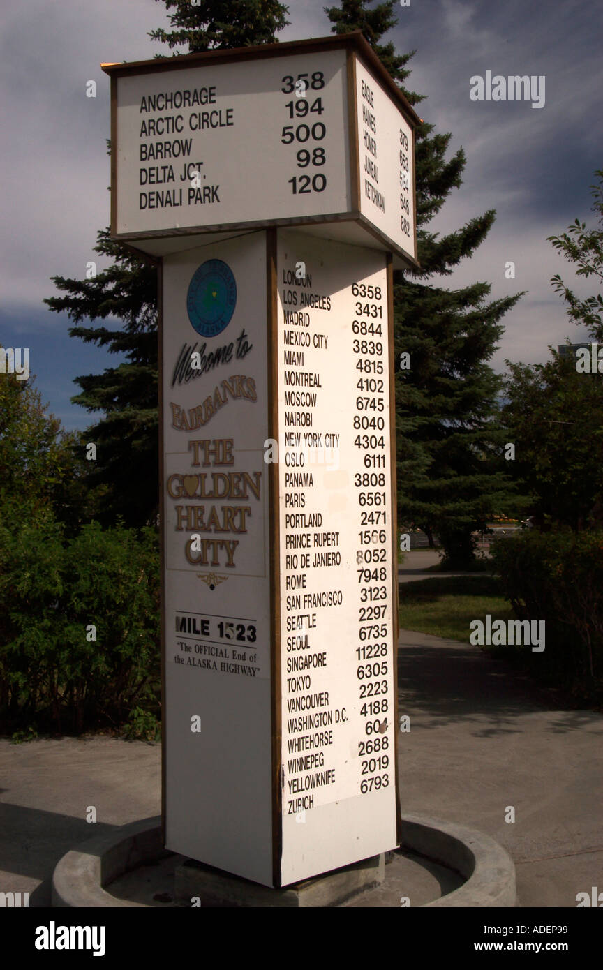 Welcome to Fairbanks mileage sign Alaska Stock Photo