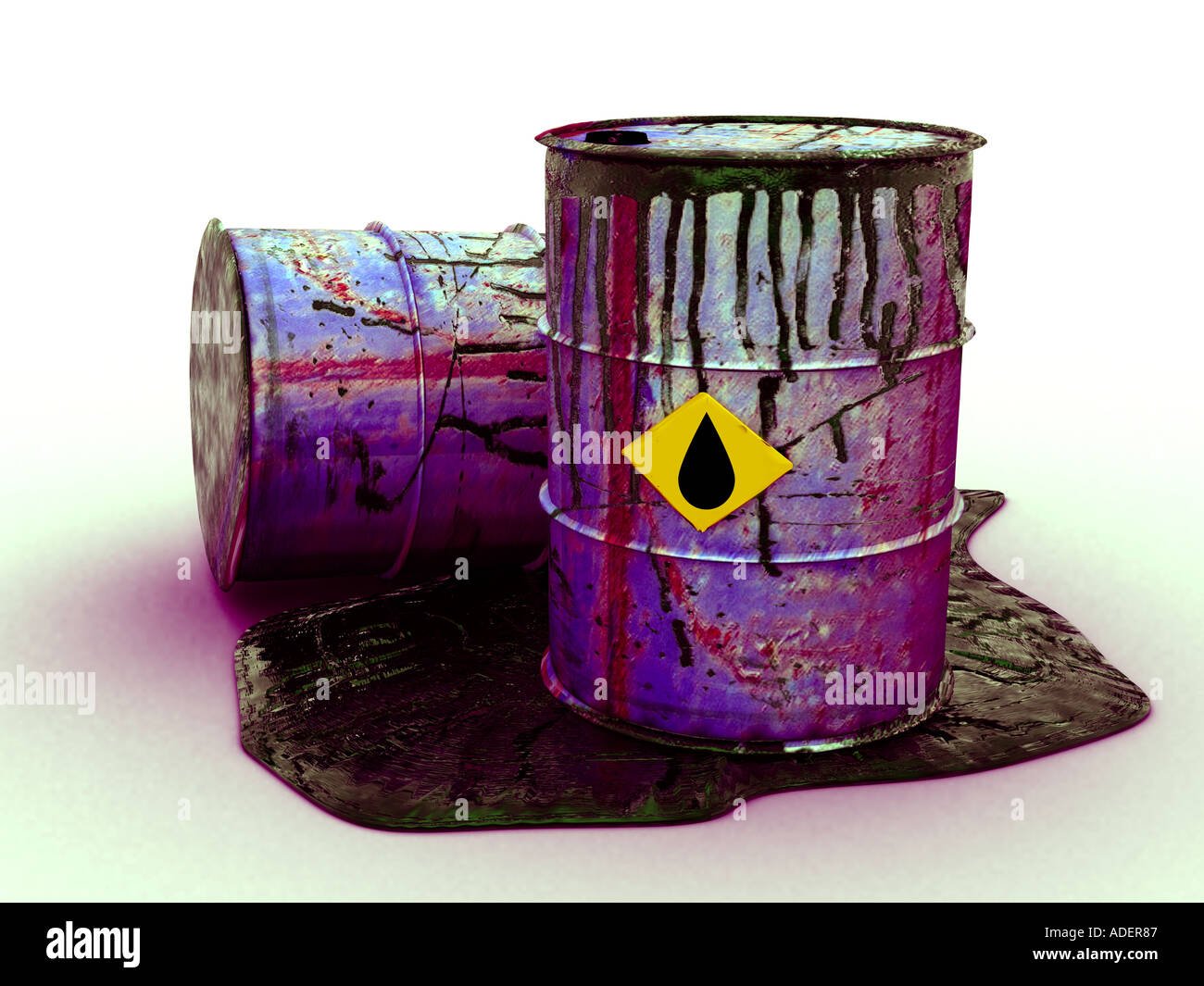 oil drums leaking poisonous or poluted radioactive waste Stock Photo