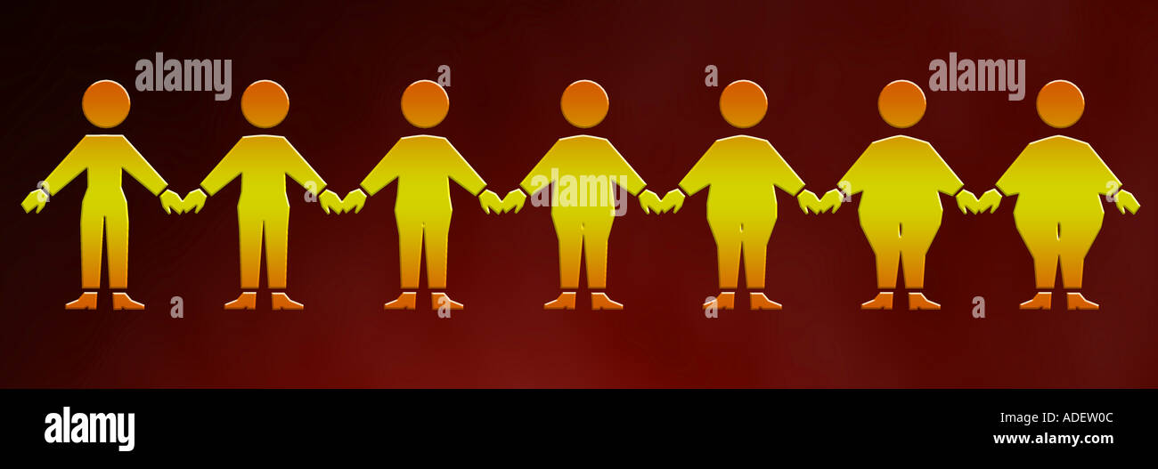 graphic illustration of male obesity or diet the image shows a progression of different body shapes from thin to fat Stock Photo