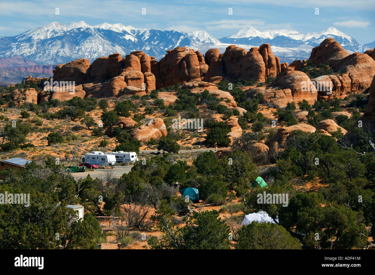 USA Utah Arches National Park snow capped mountains of Manti La Sal