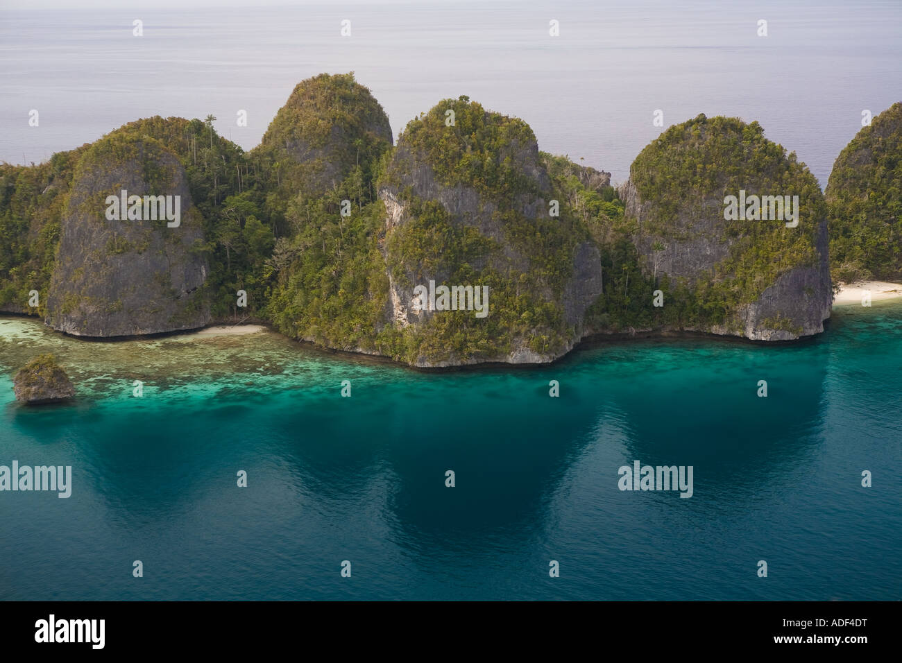 Limestone islands, once ancient reefs, are found in specific areas throughout the Indo-West Pacific region. This area is in Raja Ampat, Indonesia. Stock Photo
