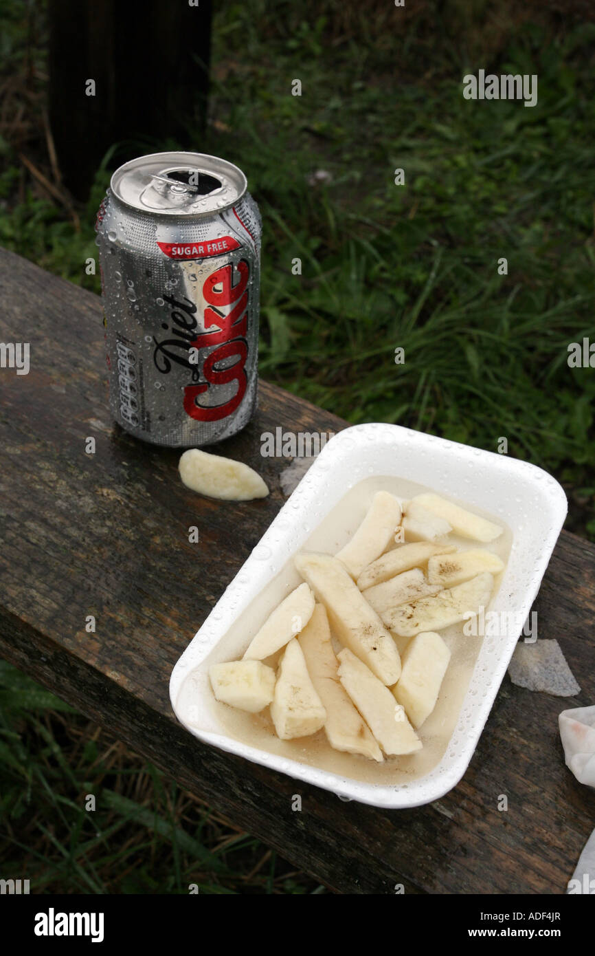 Can of diet coke and plastic tray of chips full of water after heavy rain Stock Photo