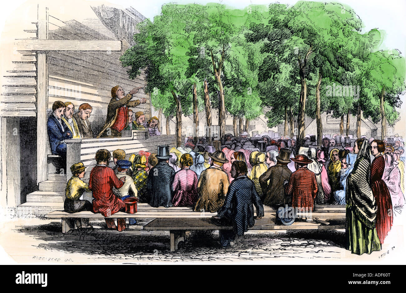 Preaching at a Methodist camp-meeting in Eastham Massachusetts 1850s. Hand-colored woodcut Stock Photo