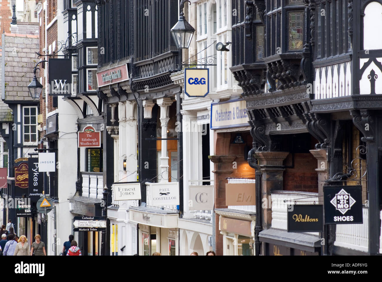 Retail outlets and historic architecture in Eastgate Street in the