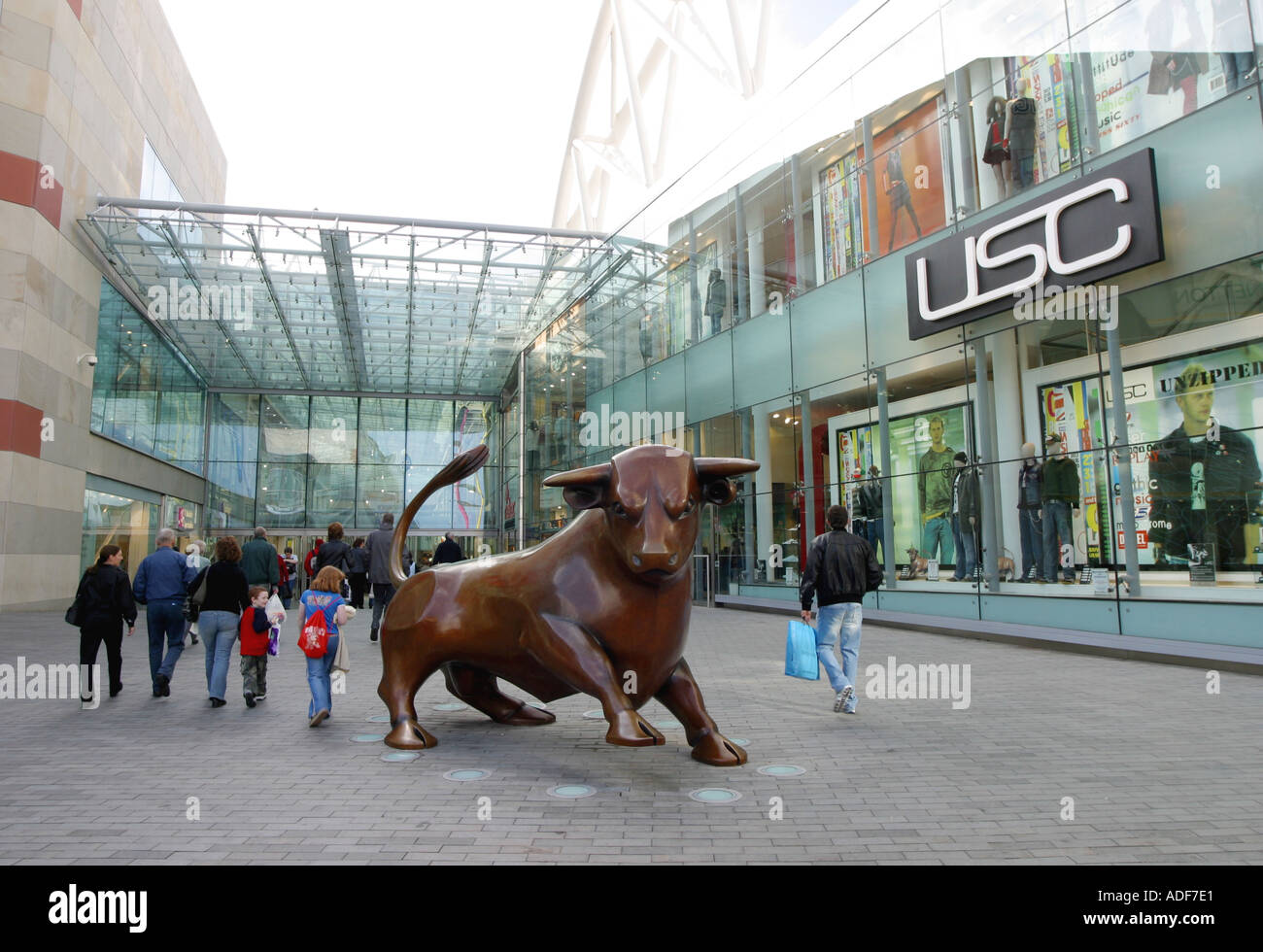 Birmingham Bull Ring Main entrance with the bronze Bull statue