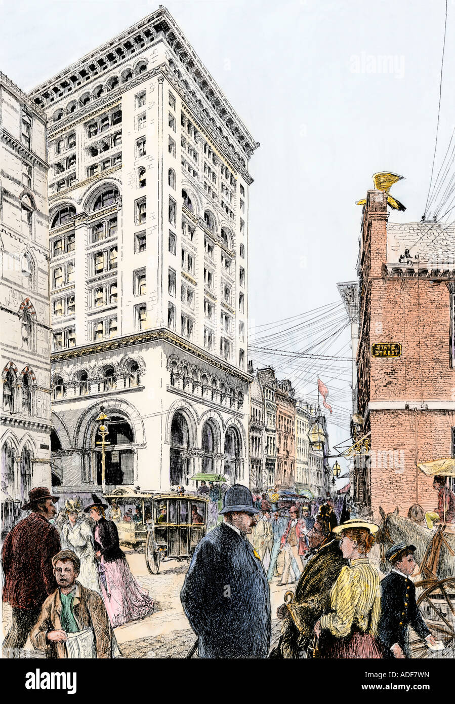 Boston in the 1890s the busy corner of State and Washington streets. Hand-colored woodcut Stock Photo