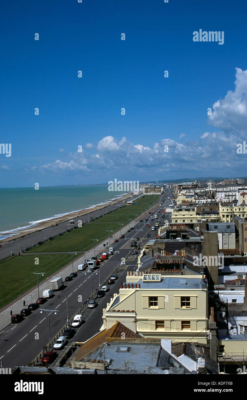 A view of the seafront road, Kingsway, and lawns at Hove, East Sussex, taken from the sun terrace of Embassy Court. Stock Photo