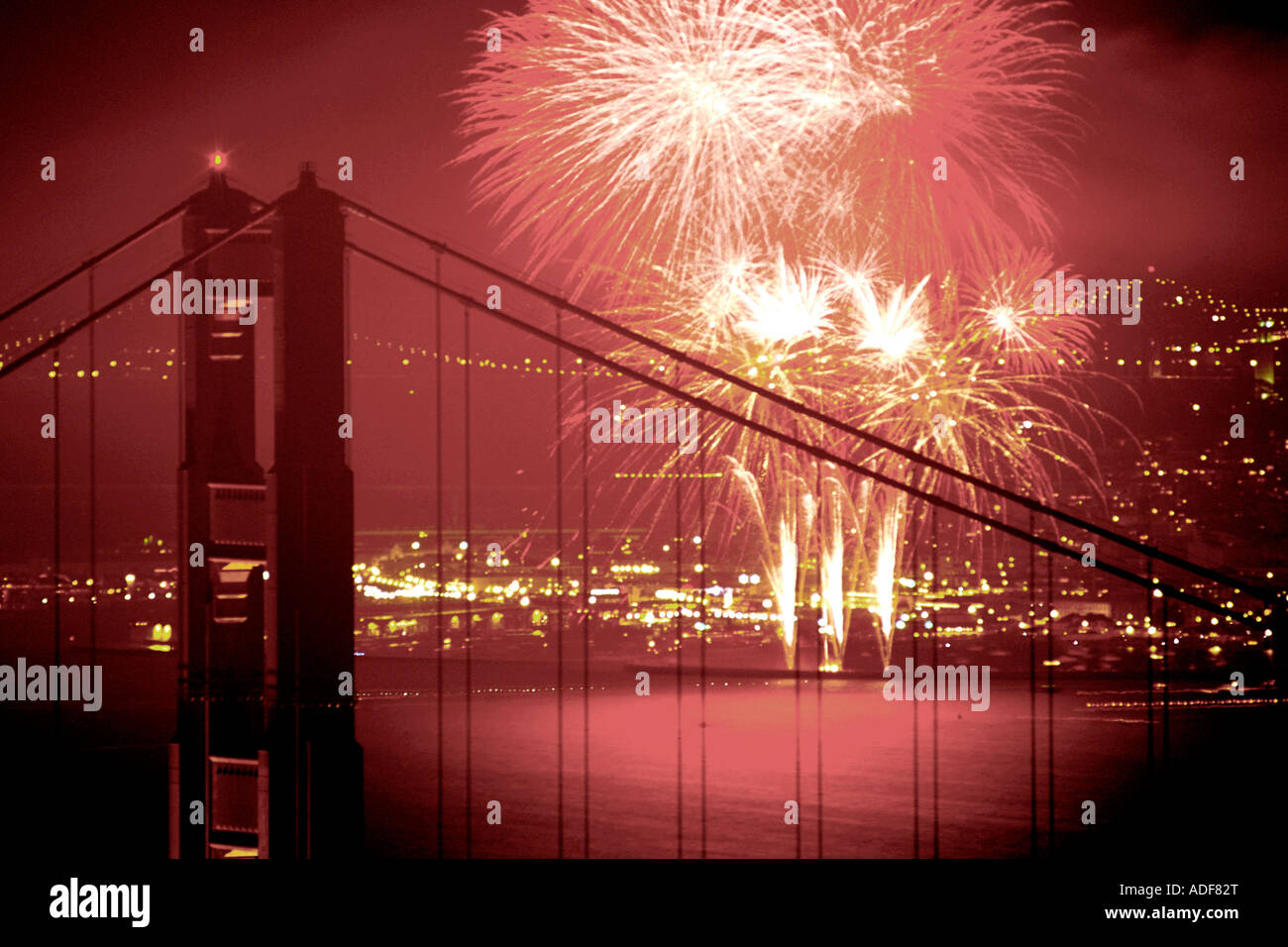 Fourth of July fireworks at Golden Gate Bridge San Francisco California