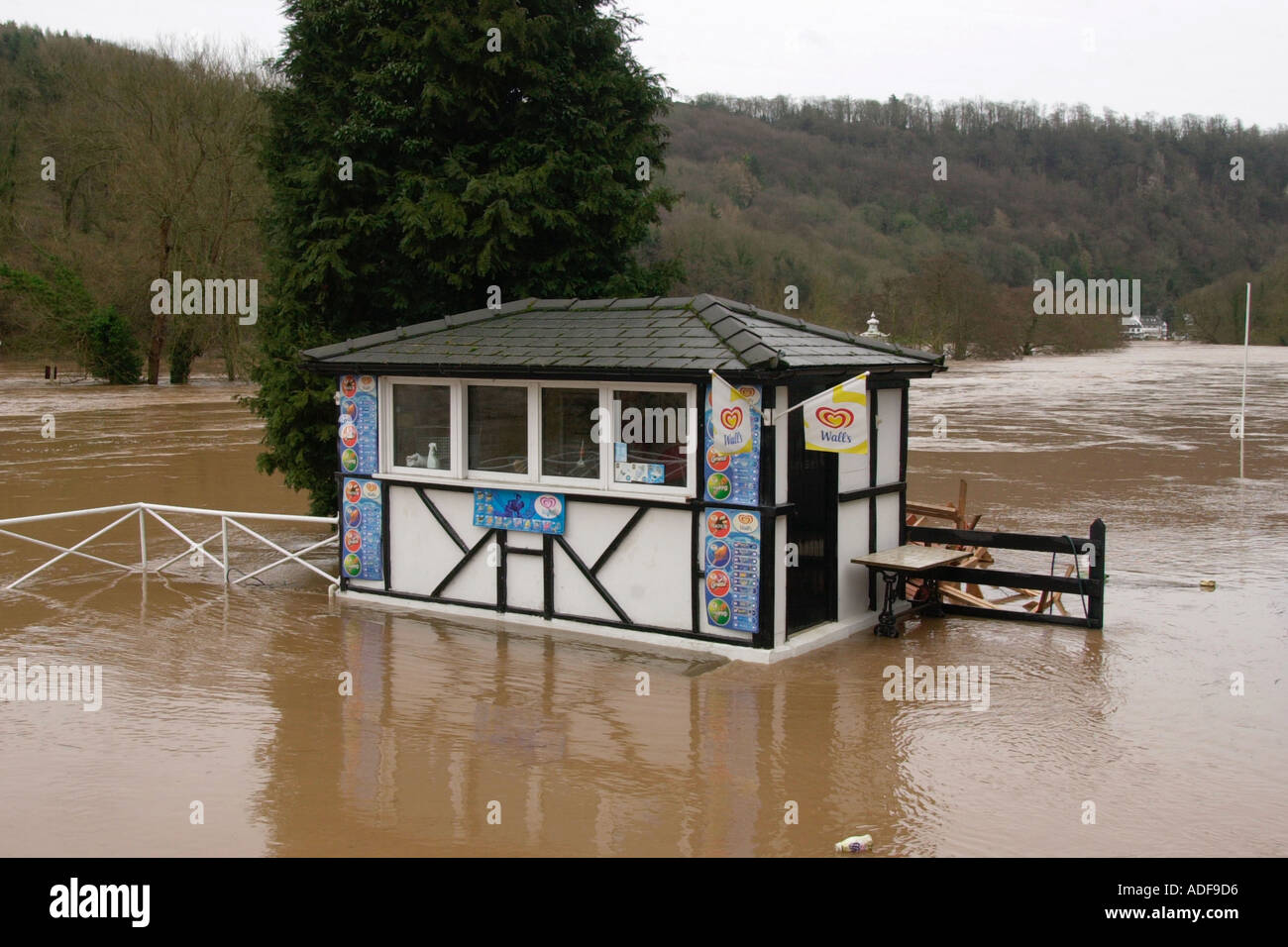 Flooded ice cream kiosk on the banks of the River Wye UK Stock Photo ...