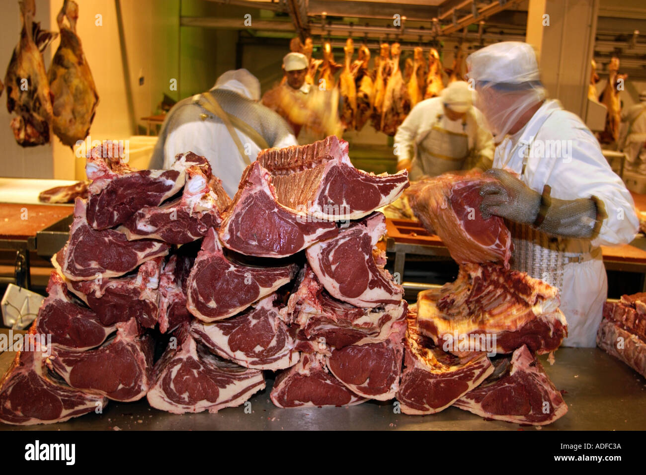 Processing Welsh Beef carcasses at St Merryn Foods abattoir Merthyr Tydfil South Wales UK Stock Photo