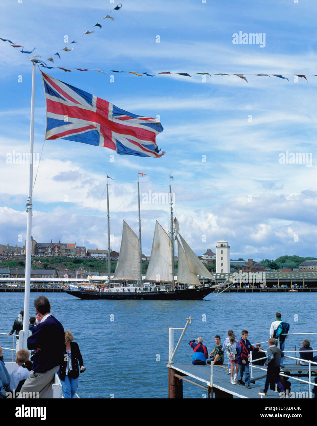 Sail training ship passing the Fish Quay at the start of a Tall Ships