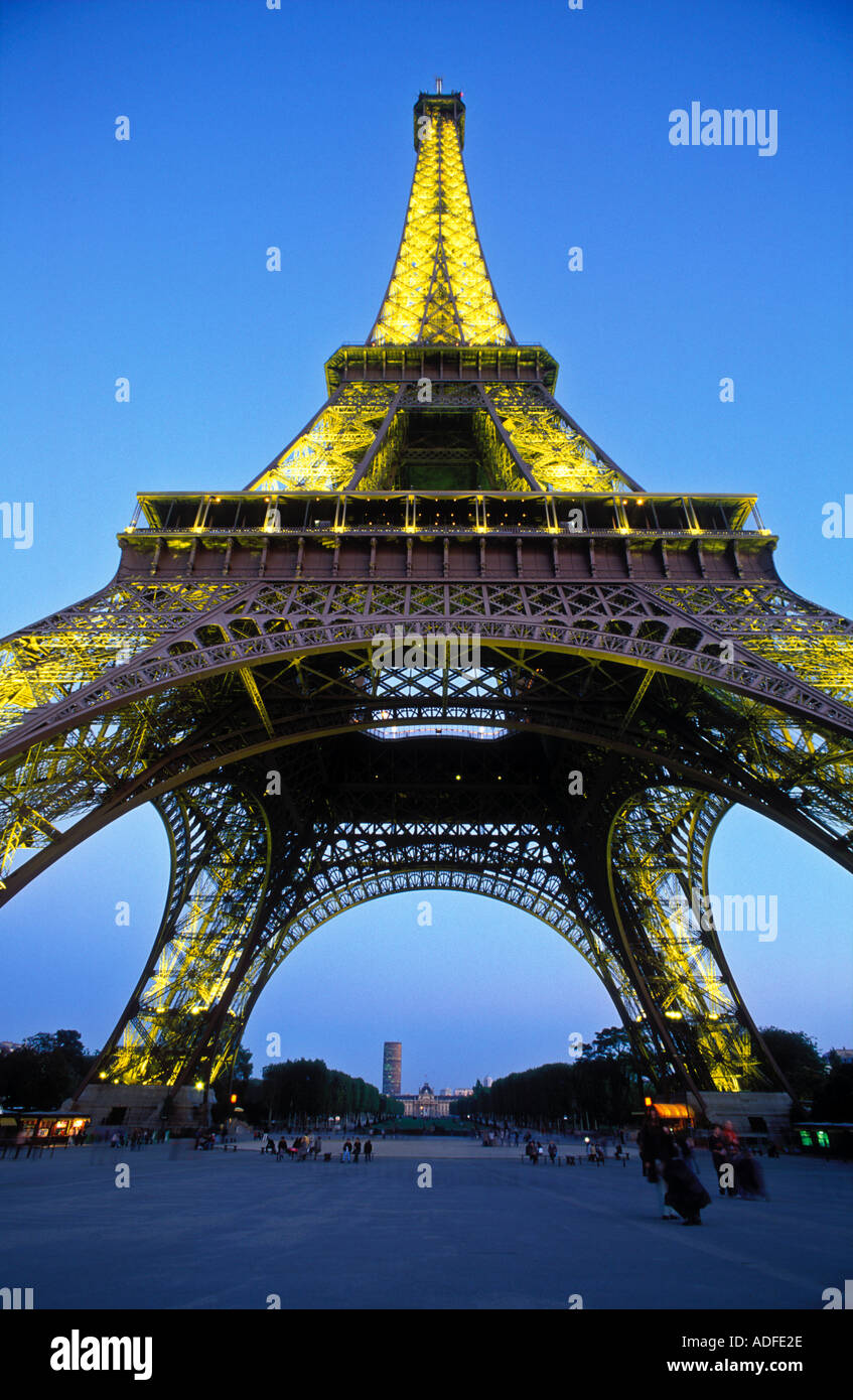 France Paris The Eiffel Tower illuminated at night as viewed from below the tower Stock Photo