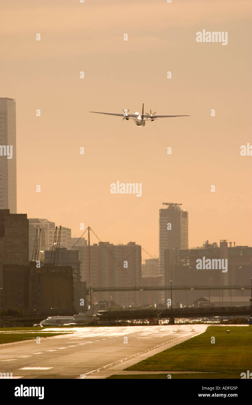 Regional turboprop airliner after take off from London City Airport UK ...