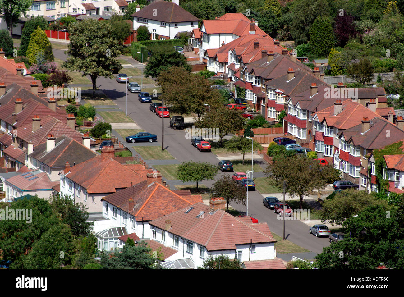 Aerial View of street with 1930 s semi detached housing in Suburb of Tolworth near Kingston Upon Thames England Stock Photo