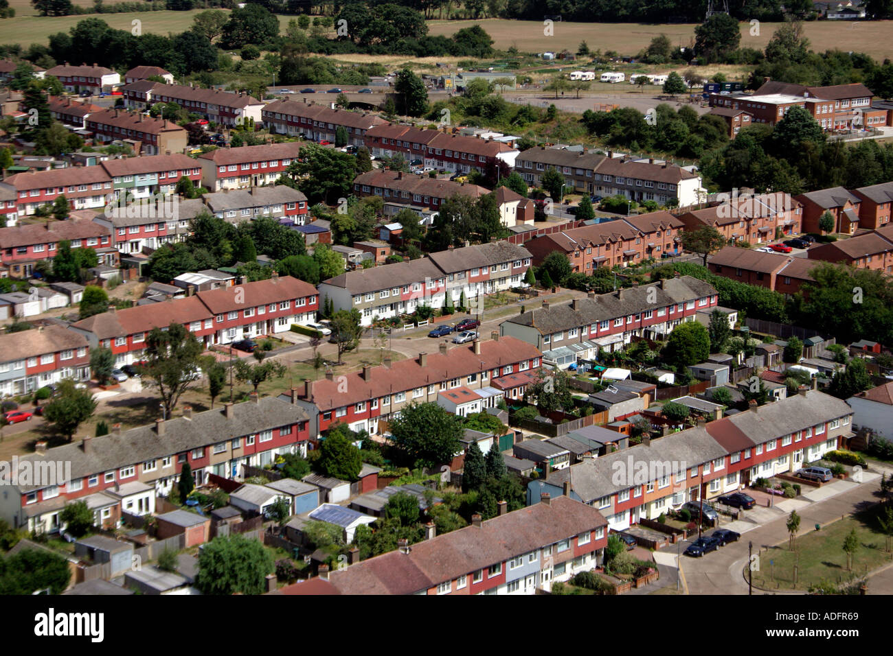 Aerial View of street with 1930 s semi detached and terraced housing in Suburb of Tolworth near Kingston Upon Thames England Stock Photo