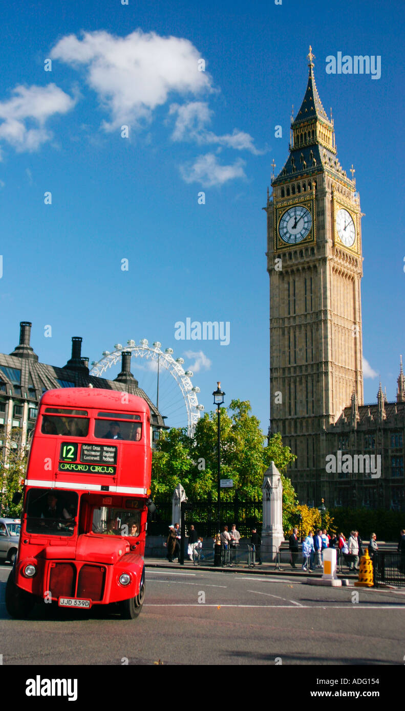 red routemaster bus in front of Big Ben Houses of Parliament and London ...