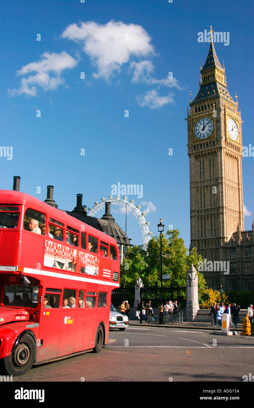 red routemaster bus in front of Big Ben Houses of Parliament and London ...