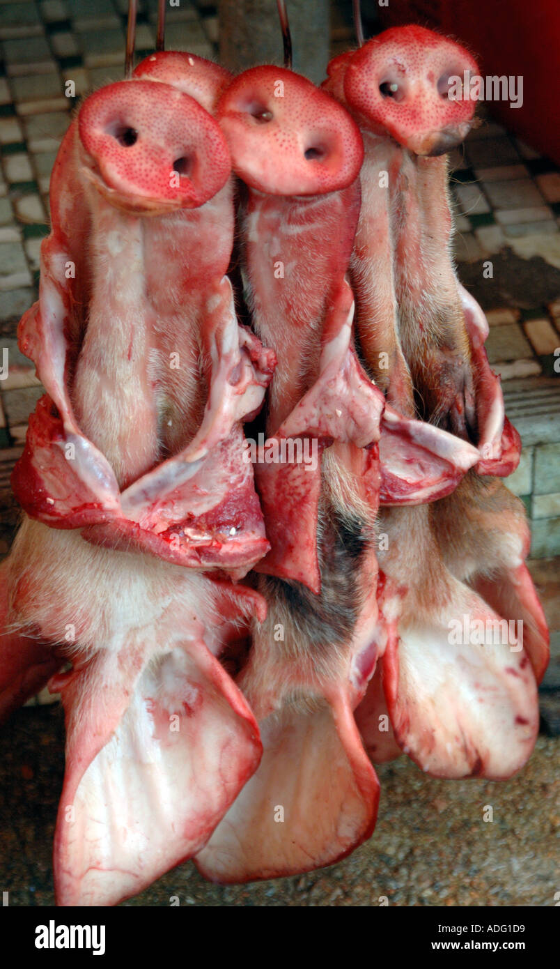 pigs heads just left hanging like this outside a butcher s stall on a market on Lamma Island in Hong Kong China No protection Stock Photo