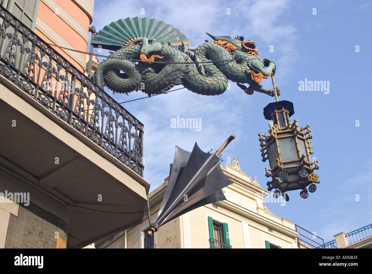 Barcelona Spain Chinese dragon and umbrella Casa dels Paraigues on Las Ramblas Stock Photo