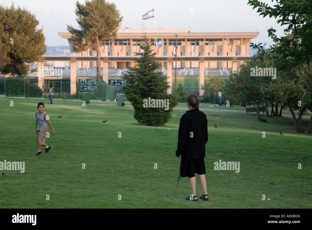 Stock photo of a mother and child playing in the Wohl Garden opposite the Israeli Knesset in Jerusalem Shot July 2007 Stock Photo