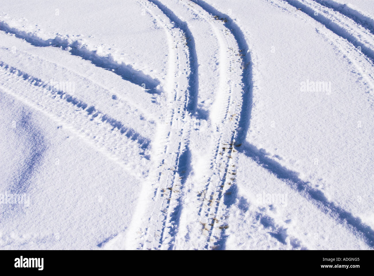 UK Wales Powys tracks through wintery landscape Stock Photo