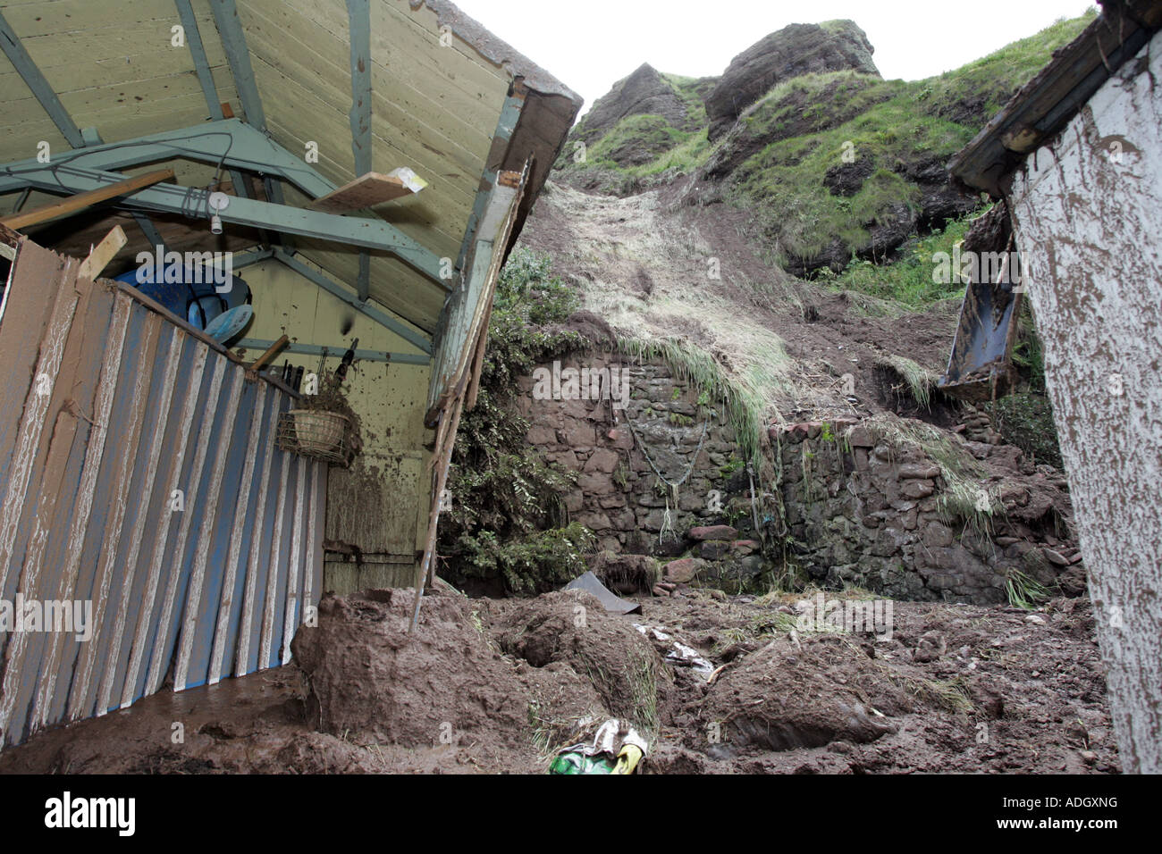 Mudslide which hit the village of Pennan, Aberdeenshire, Scotland, UK, after torrential rain in August 2007 Stock Photo