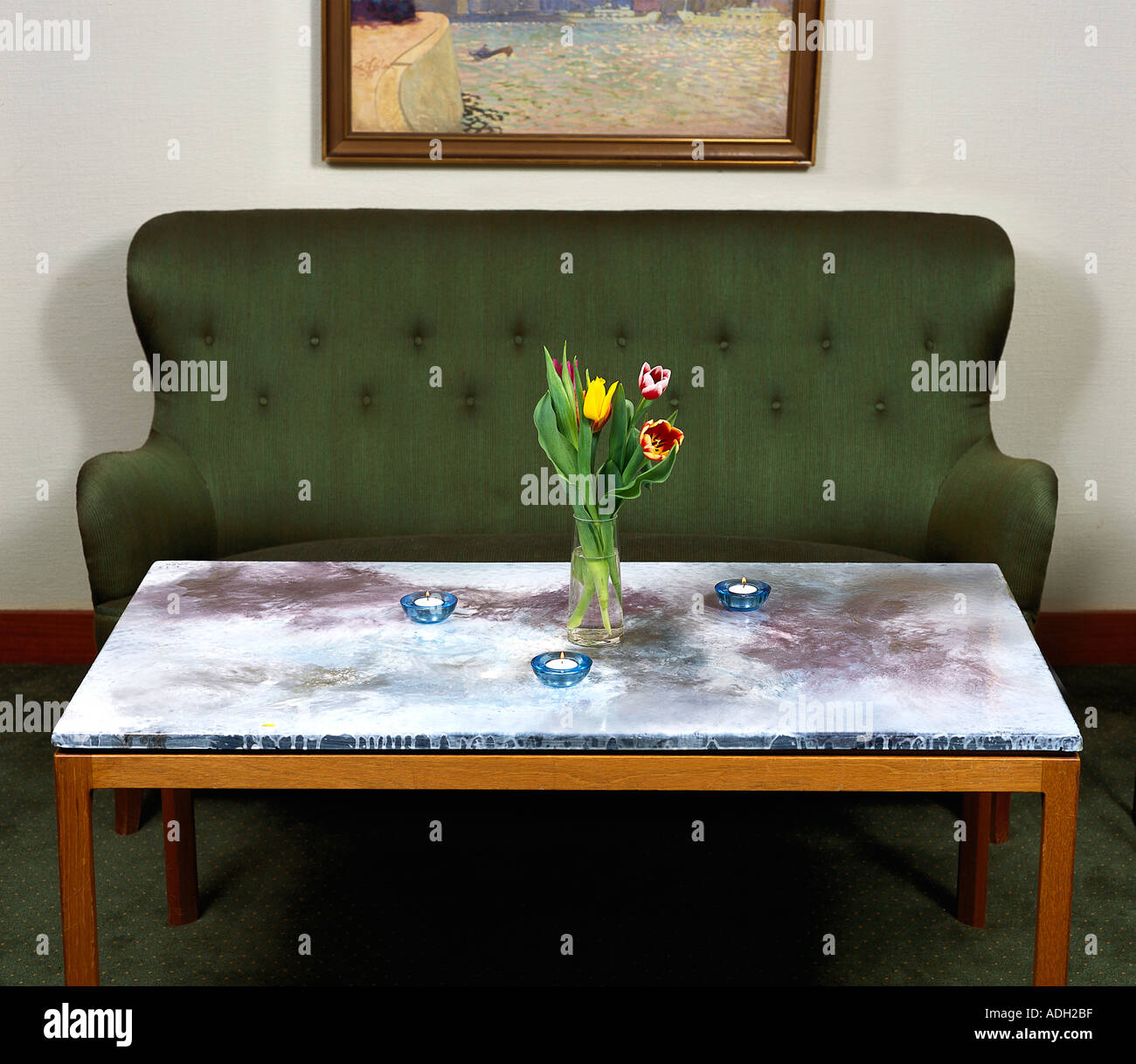 Funky art deco sofa table with flowers Stock Photo Alamy