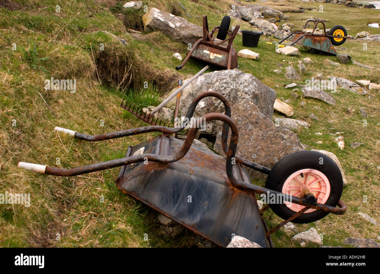 Upturned wheelbarrows on the Isle of Harris, Outer Hebrides, Scotland, UK Stock Photo
