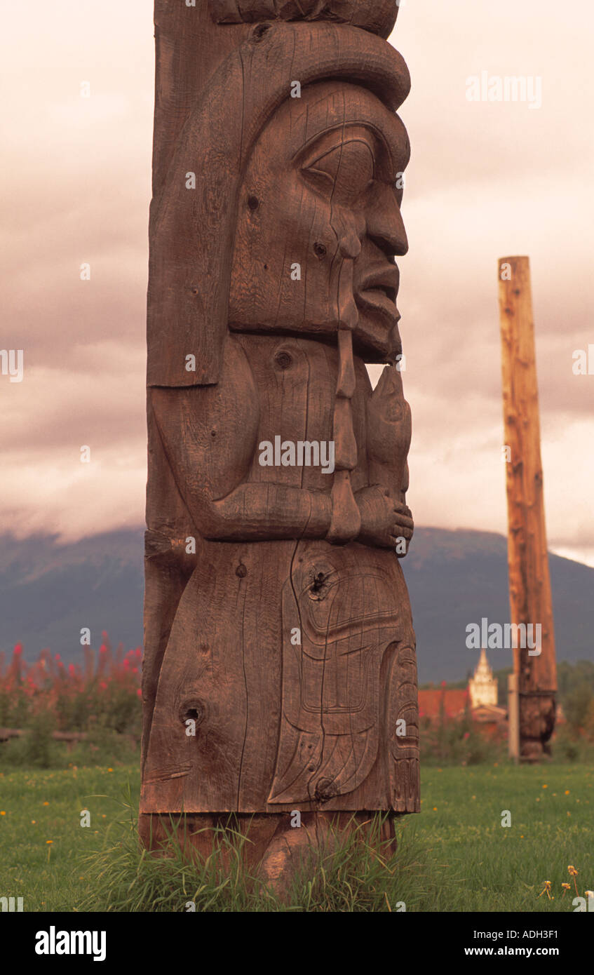 Gitxsan (Gitksan) Totem Poles, Kispiox, Northern BC, British Columbia, Canada - Detail of 'Weeping Woman' Totem Pole Stock Photo