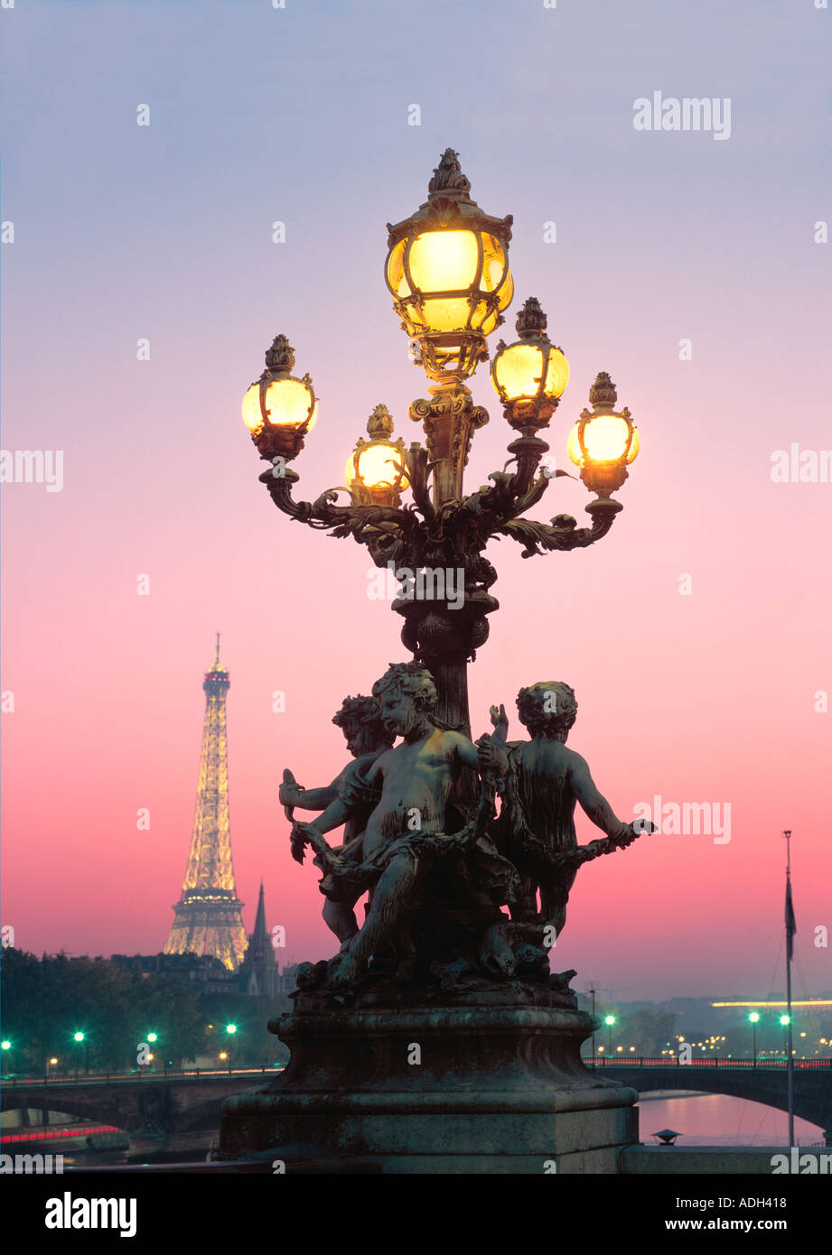 France Paris Pont Alexandre III Eiffel Tower Laterne angel sculptures Stock Photo