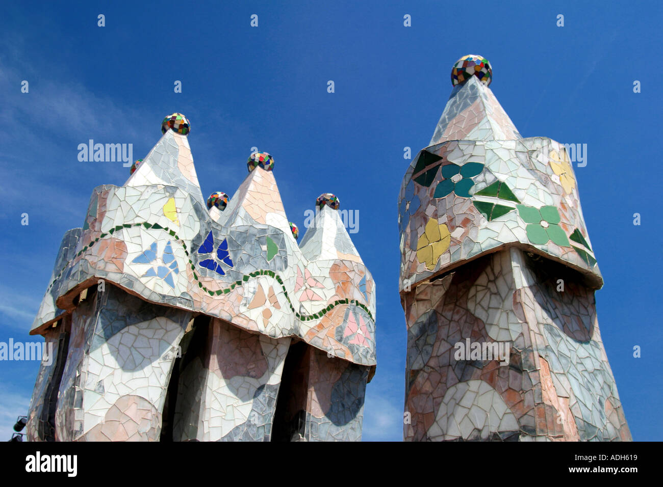 Barcelona Casa Batllo by Antoni Gaudi chimneys on roof top terasse Stock Photo