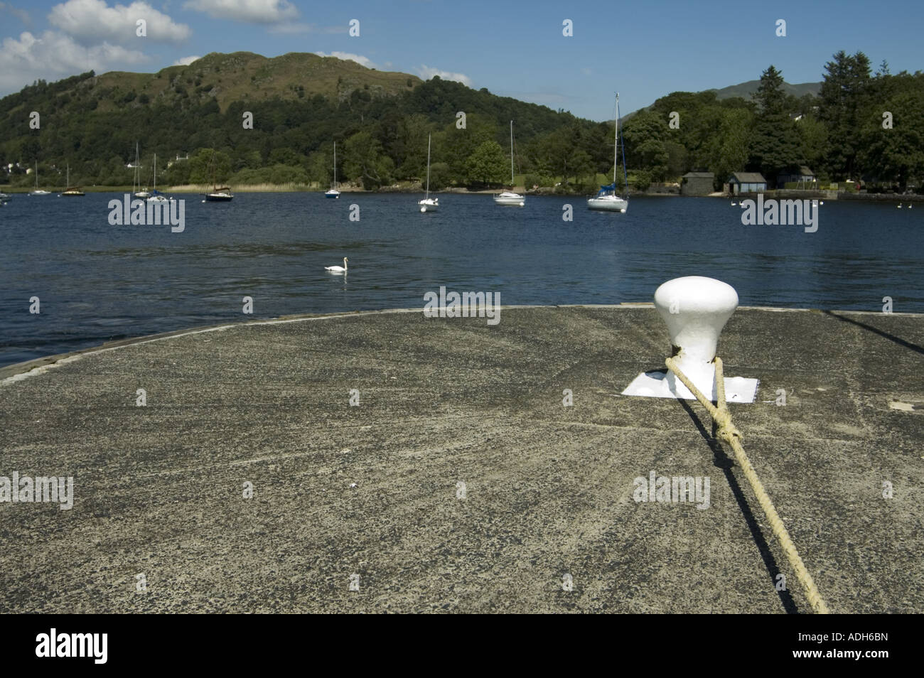 Amberside harbour and mooring bollard, Lake Windermere, UK Stock Photo