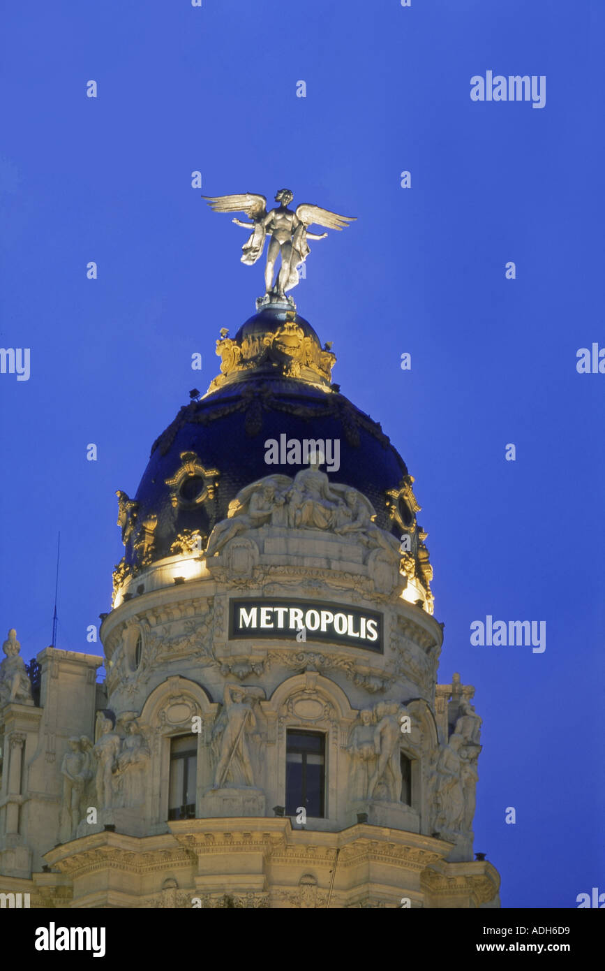 Madrid Gran Via Metropolis building angel twilight Stock Photo