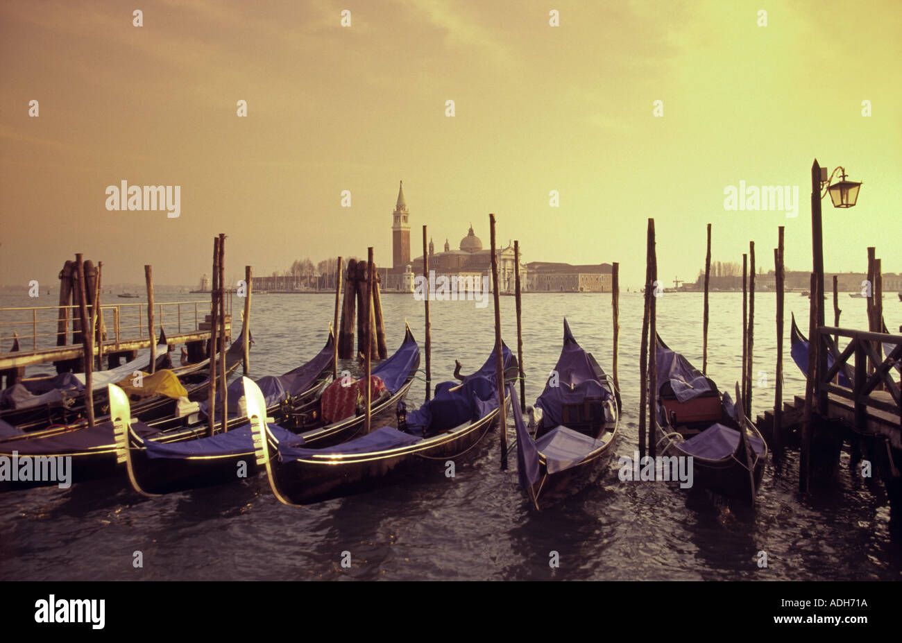 Italy Venice Riva degli Schiavoni Canale Grande Riva degli Schiavoni Gondola pier San Giorgio Maggiore Stock Photo