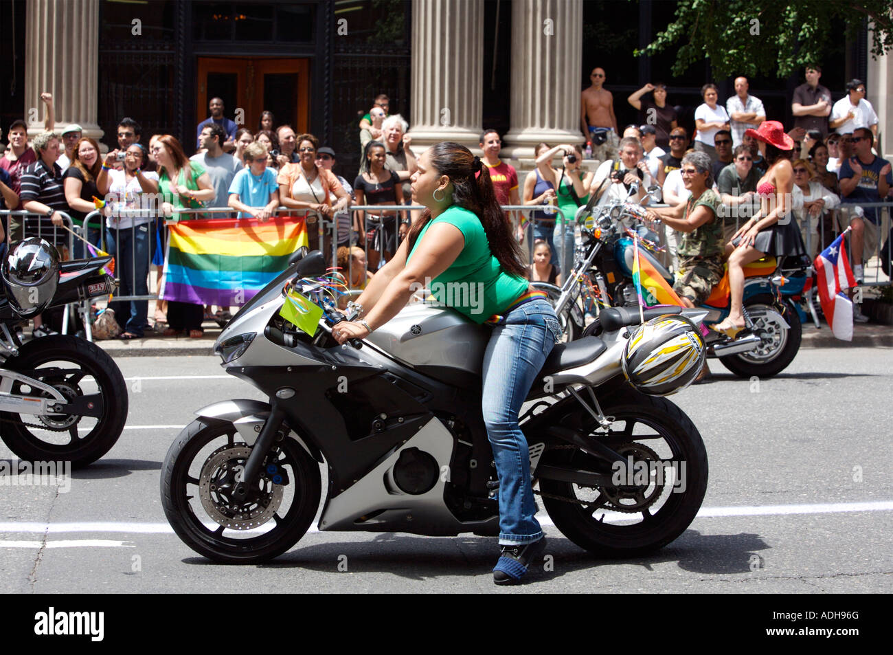 Woman on the bike Gay Pride Parade 2007 Manhattan NY USA Stock Photo