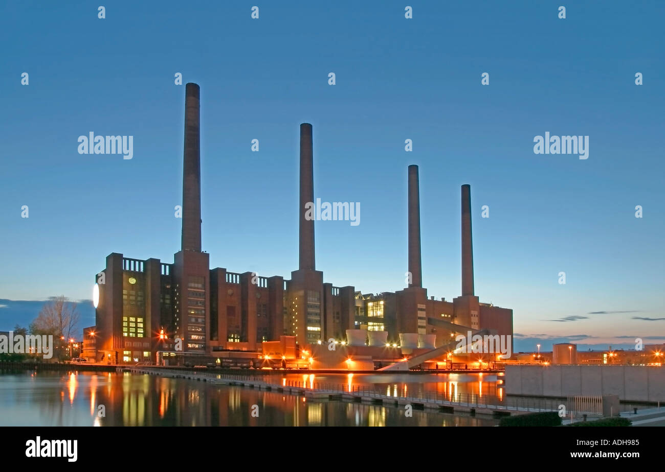 Germany Hannover Volkswagen AG twighlight car city Autostadt chimneys power station car factory Stock Photo