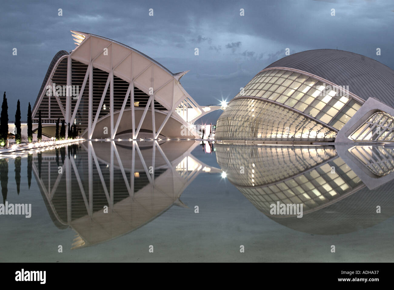 Spain Valencia City of sciences and arts by architect Santiago Calatrava twilight  Stock Photo