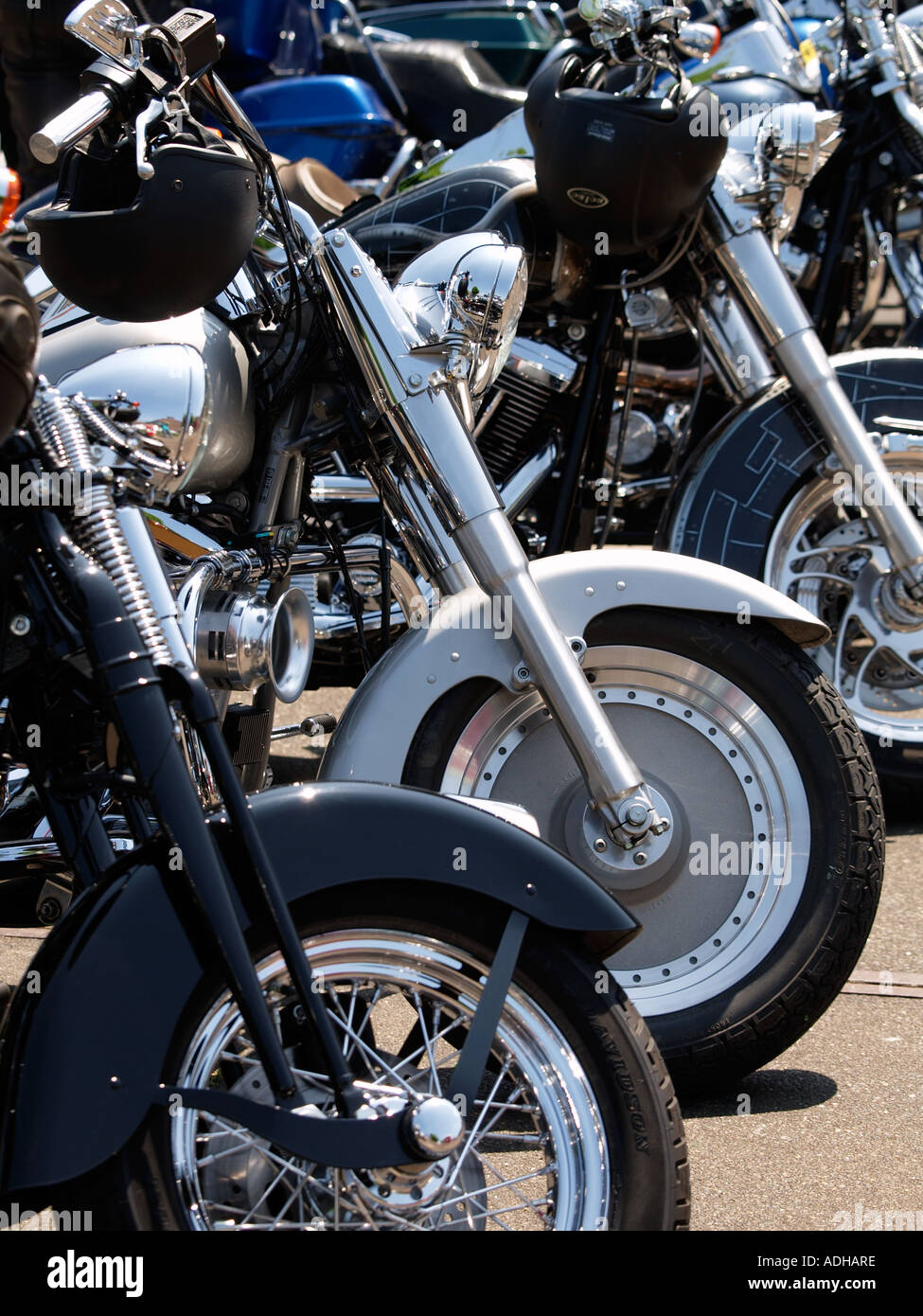 Row of Harley Davidson motorcycles front ends visible Breda the Netherlands Stock Photo Alamy