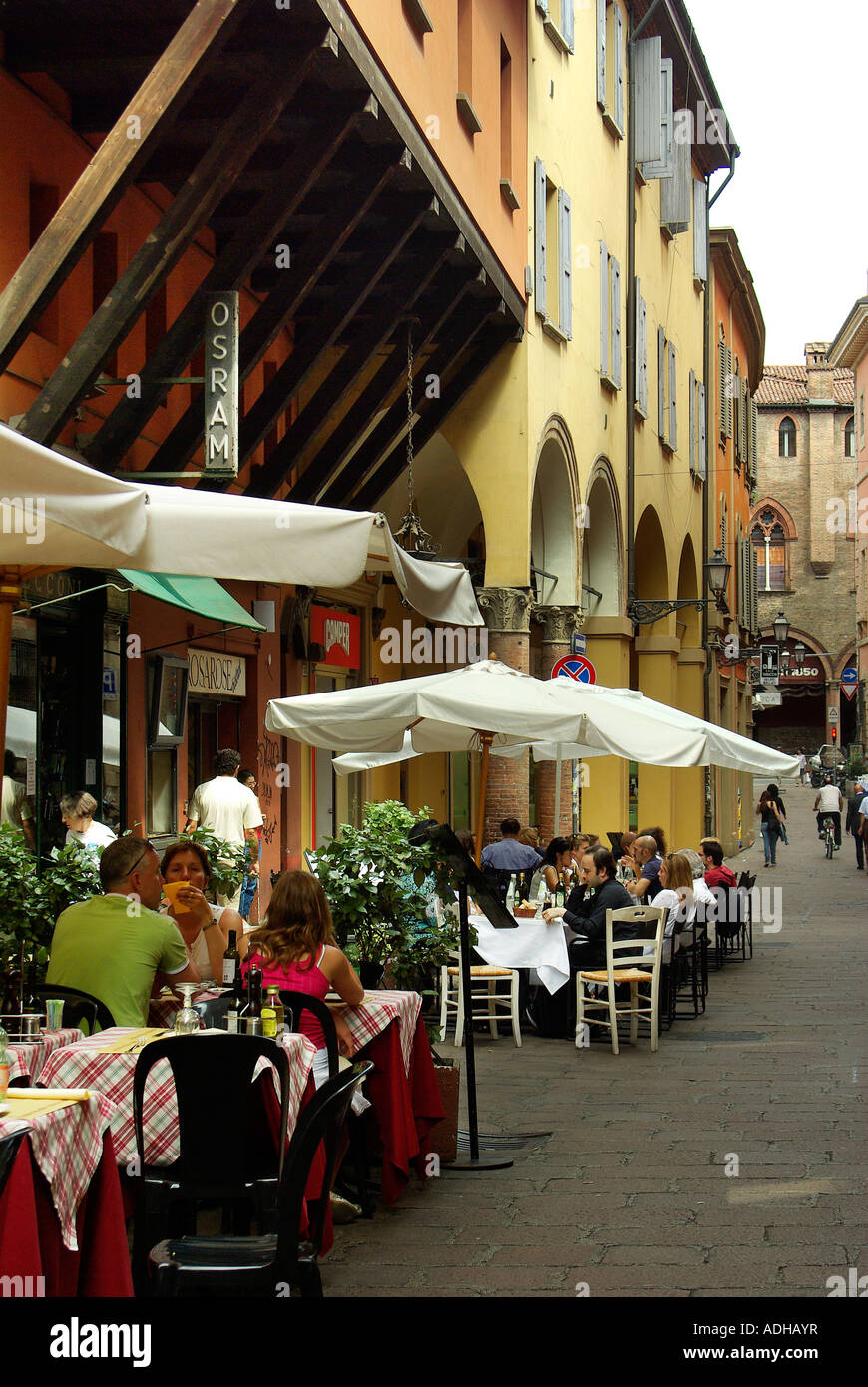 Bologna Italy, Sidewalk restaurants in Via Clavature Stock Photo Alamy