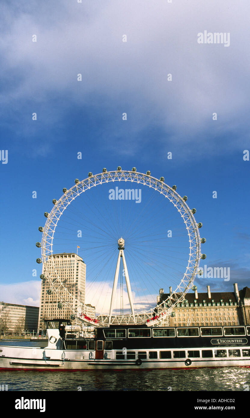 BA London Eye seen in fine weather with blue sky on banks of river Thames, London, UK Stock Photo