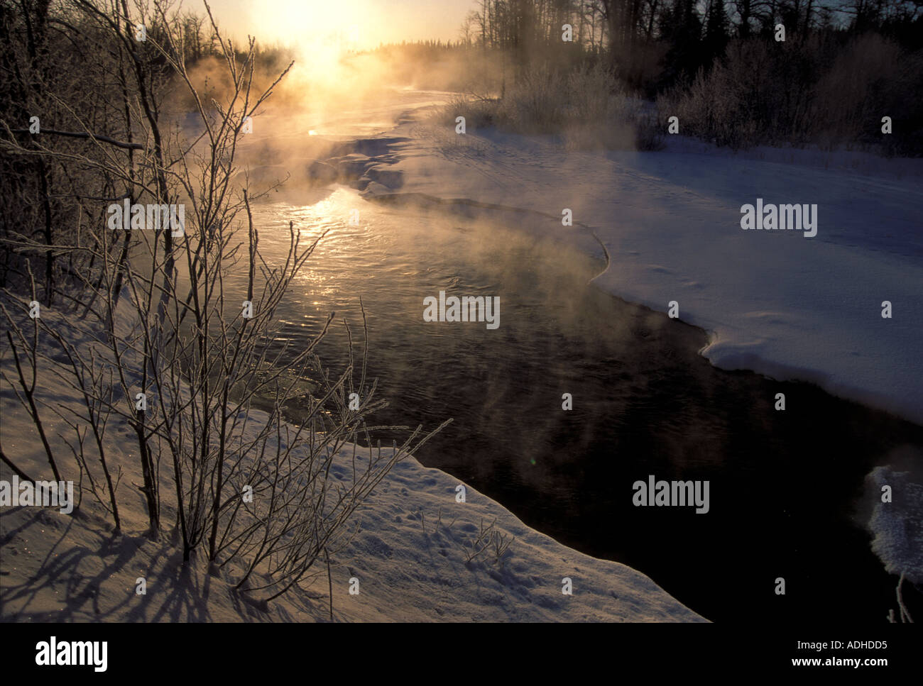 Steam rising over freezing Anchor River 10F snow and hoarfrost Kenai Peninsula Alaska Stock Photo